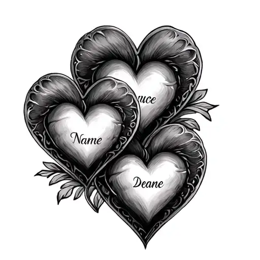 3 hearts with name incorporated tattoo design idea