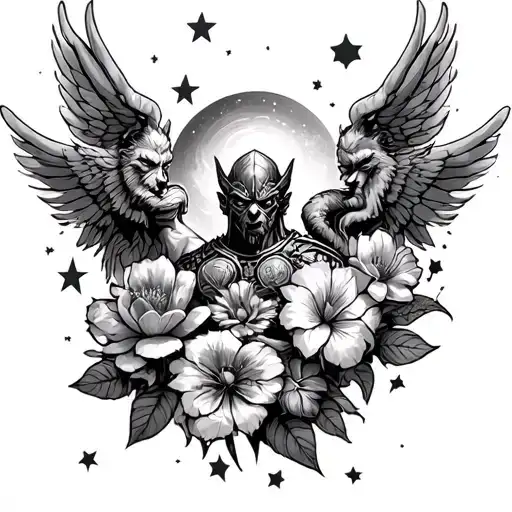 warrior strength art combat family love respect flowers stars planets angels demons  tattoo design idea