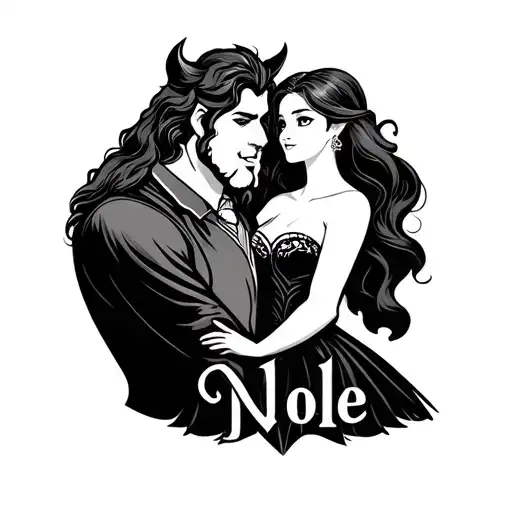 father daughter beauty and the beast with Noelle name incorporated in it tattoo design idea