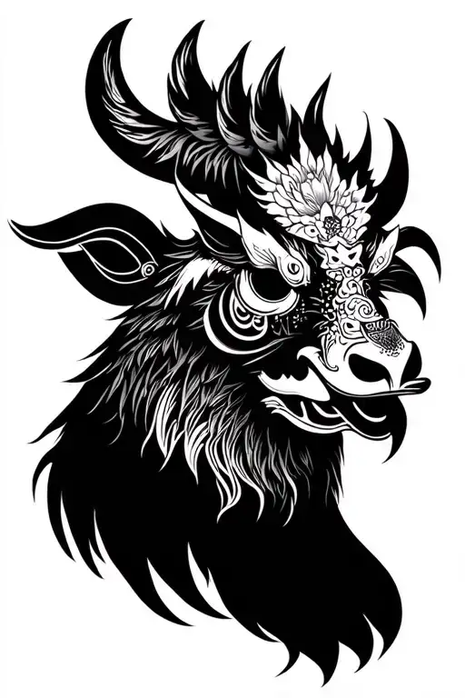 rooster and ox oni mask tattoo design idea