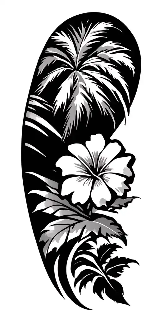 Puerto Rican motif tattoo consisting tribal lines beach scene with palm tree national flower coqui  tattoo design idea