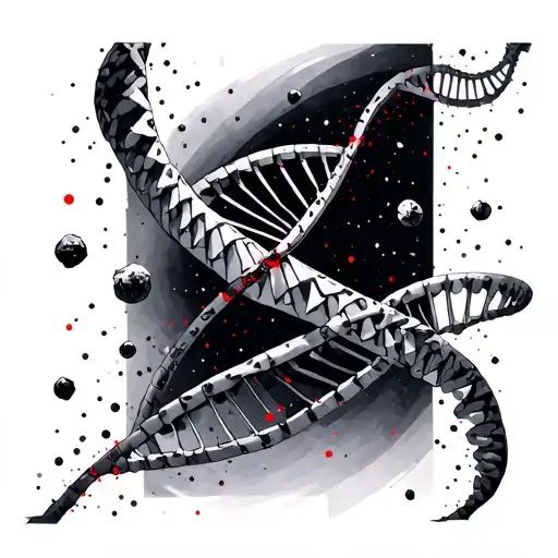 geometric chemical structure of dna, with small red color points and discreet asteroid on the top tattoo design idea