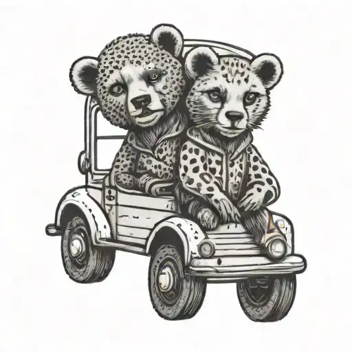 a bear and a cheetah sitting one behind the other, in a school bus. their heads stick out of the bus, they are happy tattoo design idea