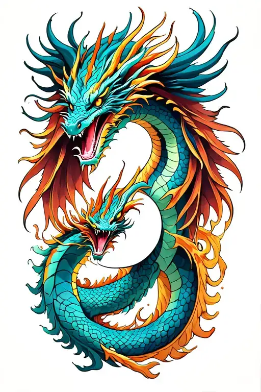 Two dragons intertwine as they soar in perfect synchrony, embodying the essence of Yin and Yang. tattoo design idea