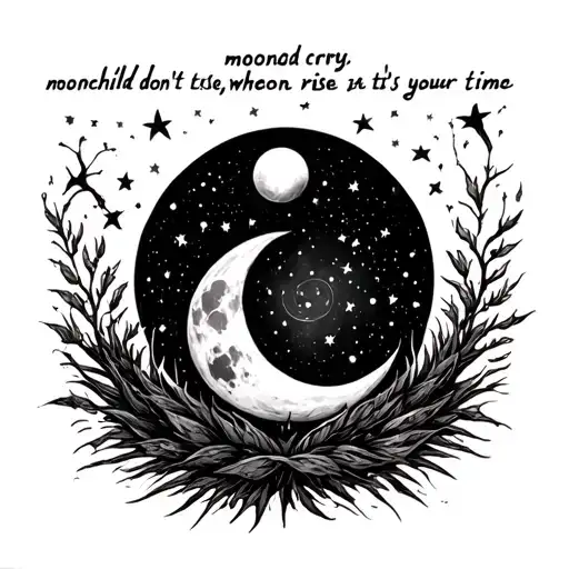 Give me tattoo designs with doodles for the lyrics “moonchild don’t cry, when moon rise it’s your time” tattoo design idea