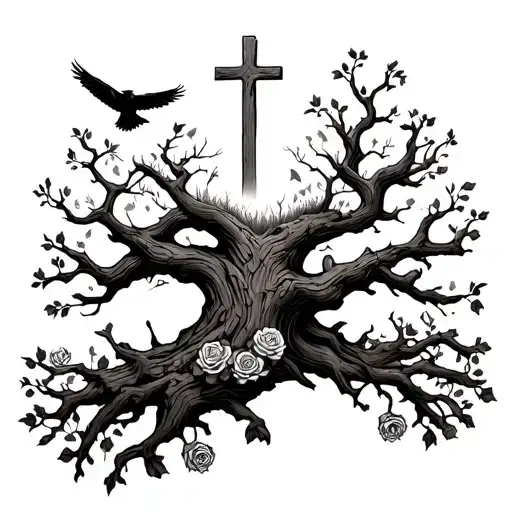 dead oak tree with cross on it growing out of praying hands. wrapped in a rosery with a crow flying into the heavens  tattoo design idea