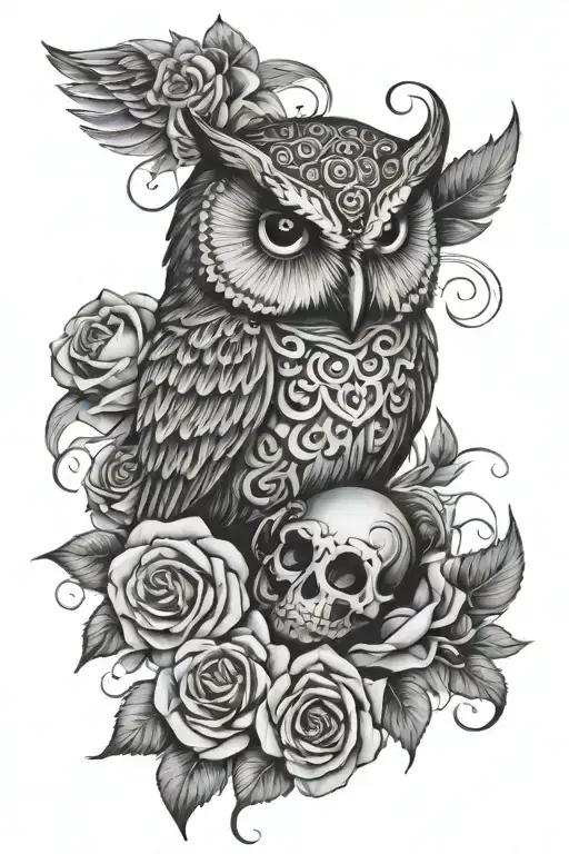 owl with sugar skull inside, surrounded by roses, with a heart, and JDC initials tattoo design idea