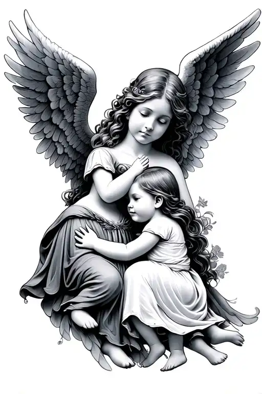 angel and baby angel and robin tattoo design idea