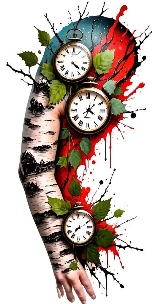 birch branches with hunter green leaves with only three clocks integrated into it for an arm sleeve tattoo design idea
