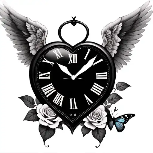 heart shaped clock, roses, Angel wings, butterfly  tattoo design idea