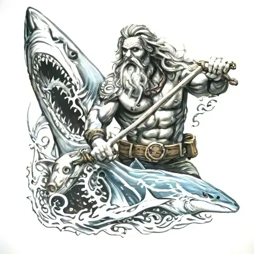 Full arm tattoo. Poseidon with trident on top, angry shark and diver below tattoo design idea