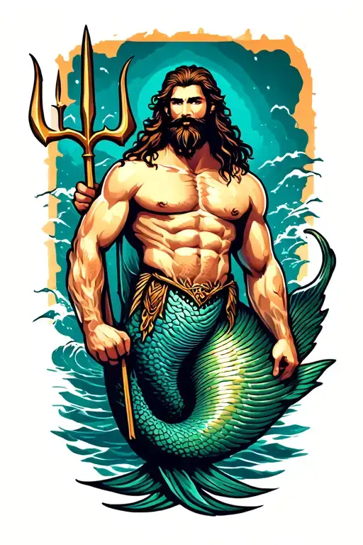 strong merman with beard, long hair and holding trident. full body with fin.  tattoo design idea