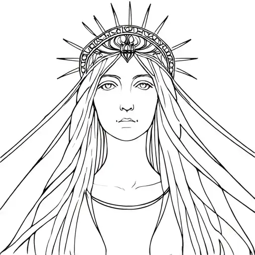Hecate goddess of magic with long hair & wearing veil. simple outline style and rays around head  tattoo design idea