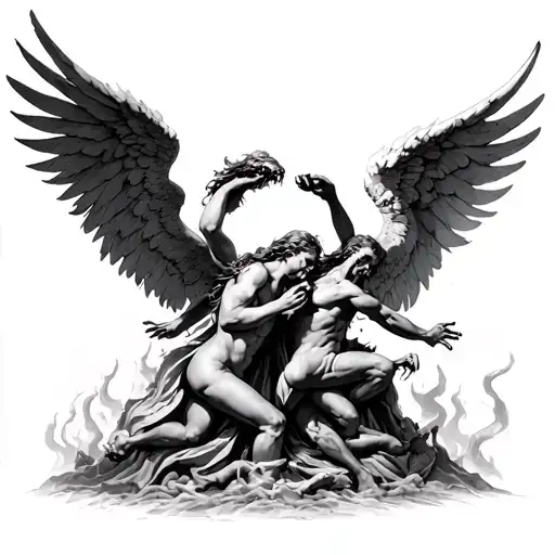 angels fighting down against demons crawling out of hell tattoo design idea