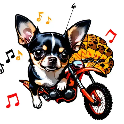 chihuahua black tan white, huge eyes, skydiving, leopard print parachute, landing on dirt bike burn rubber music notes tattoo design idea
