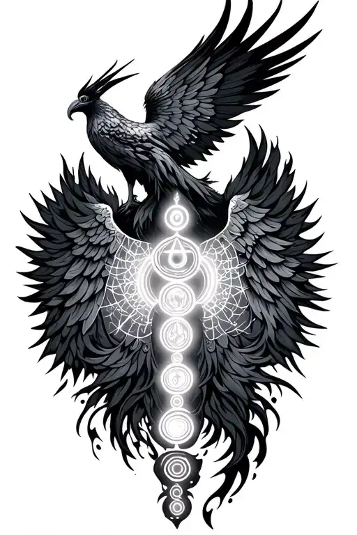 7 chakras, phoenix rising, free spirit, wild, trvael , mysticism for men tattoo design idea