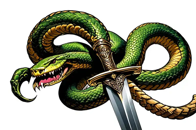 double-edged sword similar to Conan the barbarian sword with a medical snake wrapped around with the head facing outward tattoo design idea