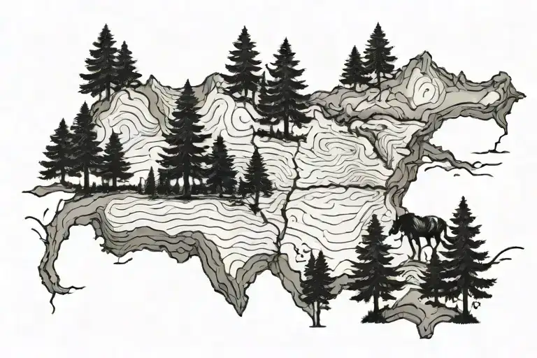 topography maps, wildlife and trees tattoo design idea