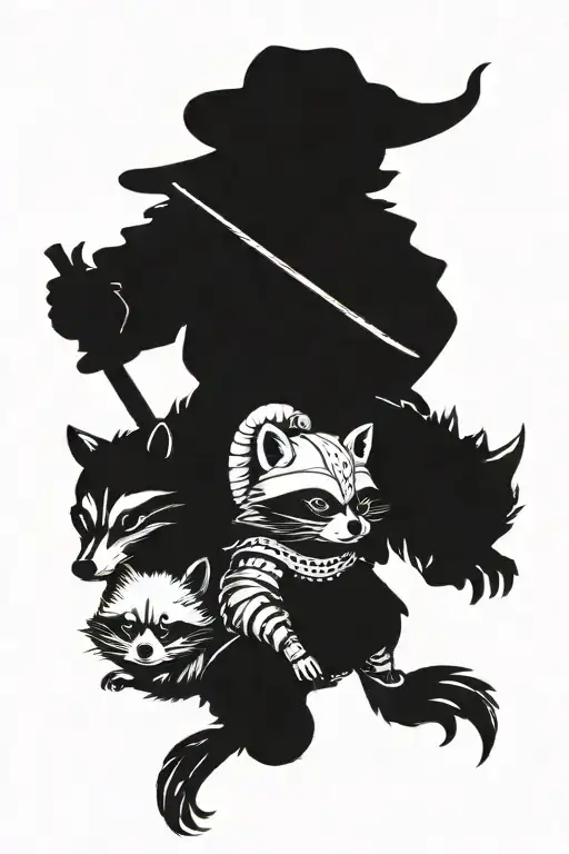 Knight with the head of a moon and a baby raccoon at his feet tattoo design idea