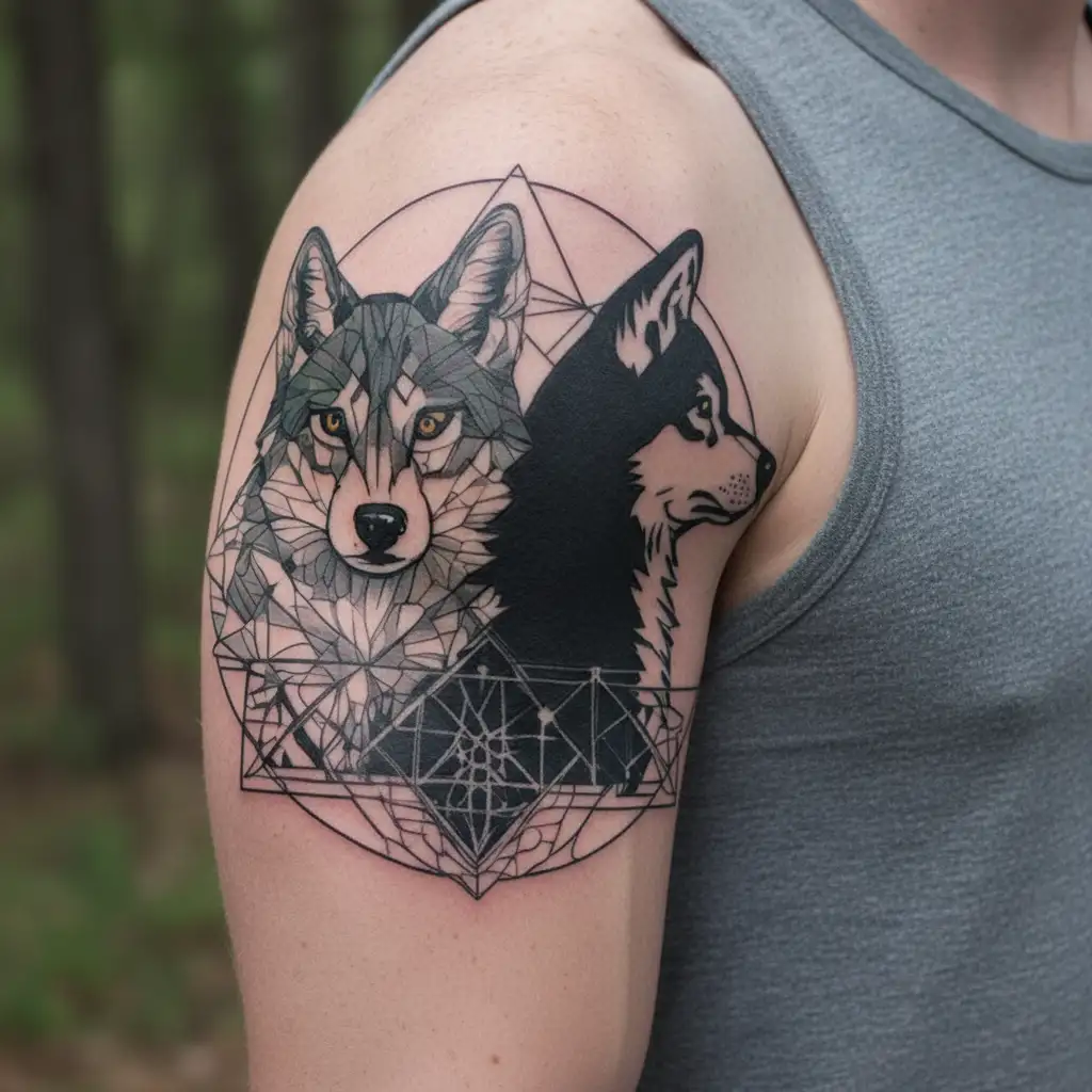 a cat and a husky dog looking in opp osite directions tattoo design idea