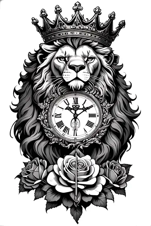 lion with crown, roses intertwined, clock inside with 4:36. and a cross tattoo design idea