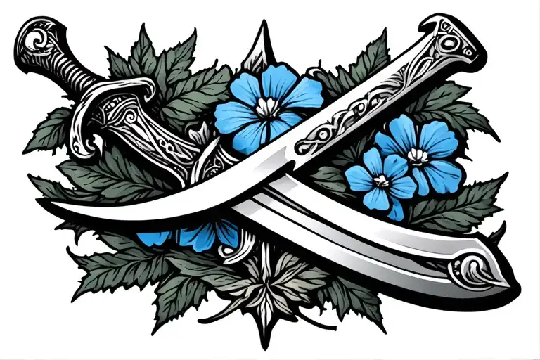 forget me not, dagger, sword, knife, art nouveau style tattoo design idea
