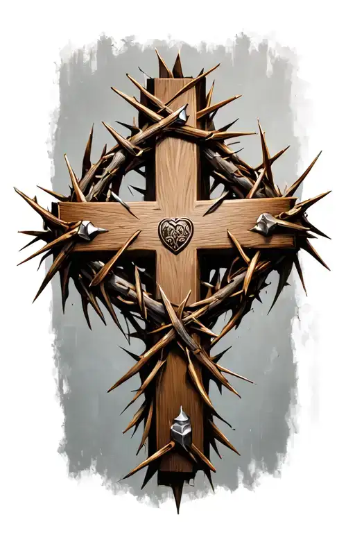 cross made from 3 nails with a crown of thorns over it tattoo design idea