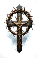 cross made from 3 nails with a crown of thorns over it tattoo design idea