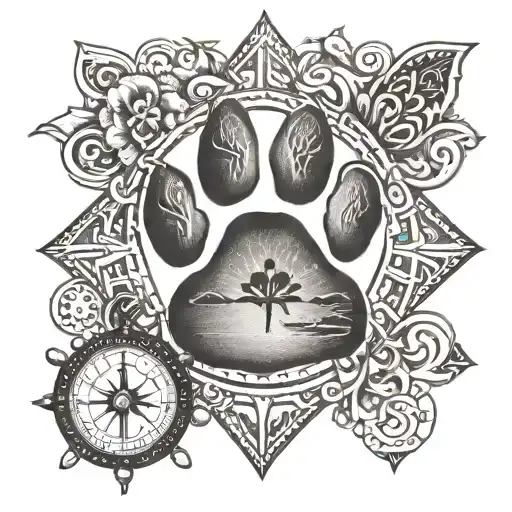 A tattoo design of a pet paw print with a compass rose, symbolizing your love for pets and travel adventures tattoo design idea