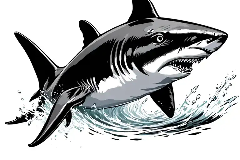 bull shark swimming side view with shadow siluet running side tattoo design idea