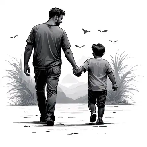dad and son holding hands walking tattoo design idea