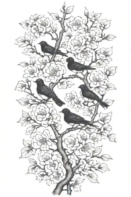 sideways very thin black and white masculine cherry branch tattoo with minimal blossoms  with 4 solid black birds.     tattoo design idea
