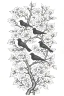 sideways very thin black and white masculine cherry branch tattoo with minimal blossoms  with 4 solid black birds.     tattoo design idea