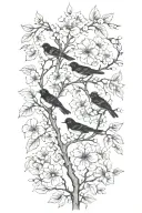 sideways very thin black and white masculine cherry branch tattoo with minimal blossoms  with 4 solid black birds.     tattoo design idea
