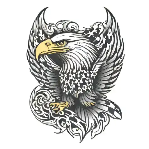 eagle with american flag and flames tattoo design idea