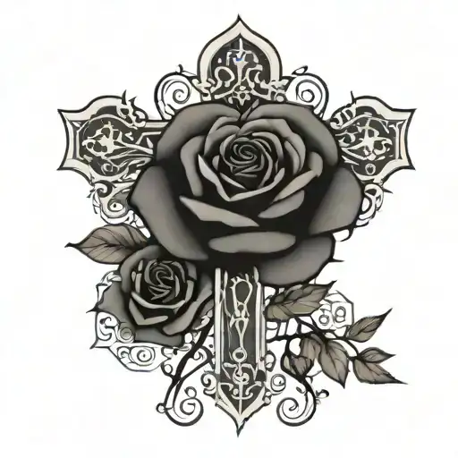 Gothic cross with a rose in the middle of the cross with a vine of roses wrapping around the cross   tattoo design idea