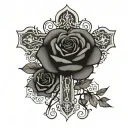 Gothic cross with a rose in the middle of the cross with a vine of roses wrapping around the cross   tattoo design idea