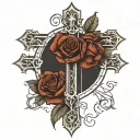 Gothic cross with a rose in the middle of the cross with a vine of roses wrapping around the cross   tattoo design idea