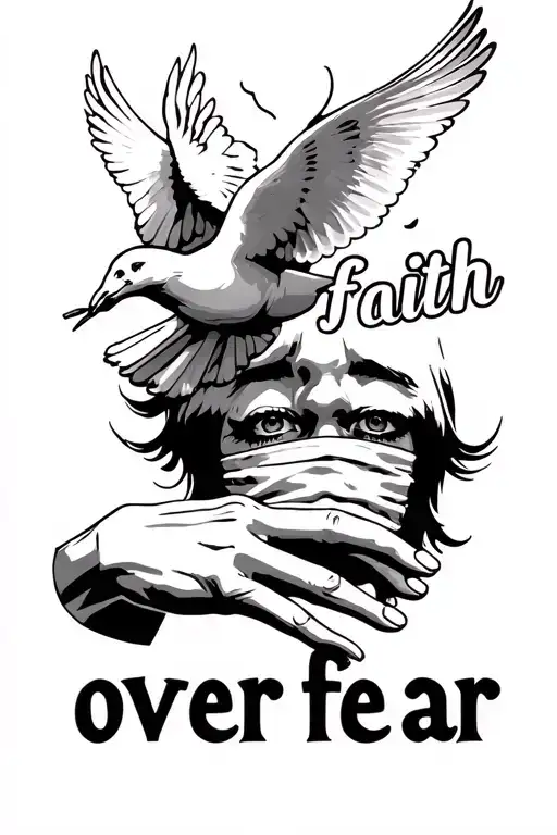 "faith over fear" fingers touching each other dove flying on top of faith and a person face covering their face in fear peeking under fear tattoo design idea