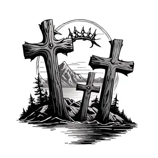3 wooden crosses, middle one having thorn of crowns on it, surrouned by mountains, water, and a sunset over the top tattoo design idea