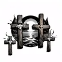 3 wooden crosses, middle one having thorn of crowns on it, surrouned by mountains, water, and a sunset over the top tattoo design idea