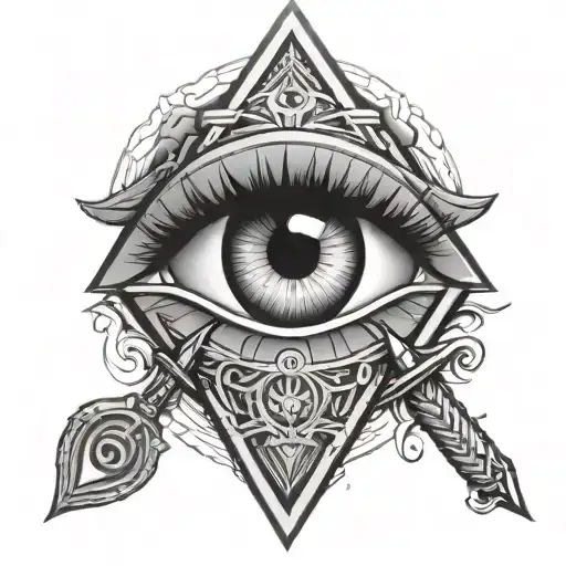 illuminate eye in triangle with sword piercing tattoo design idea