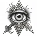 illuminate eye in triangle with sword piercing tattoo design idea