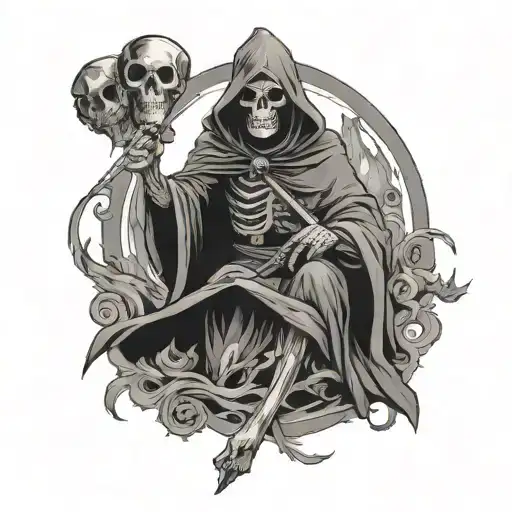 grim reaper with dice and woman posing tattoo design idea
