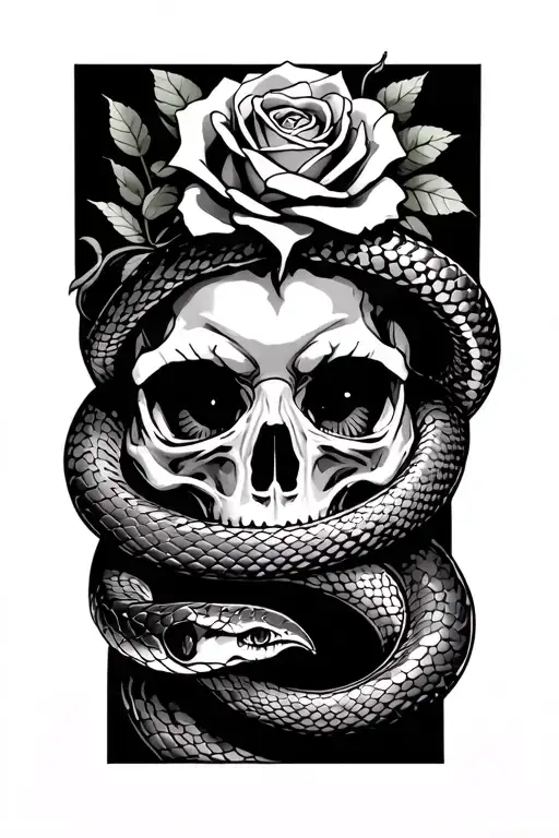 snake wrapped around arm, rose inside, skull, eye tattoo design idea