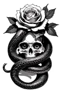snake wrapped around arm, rose inside, skull, eye tattoo design idea