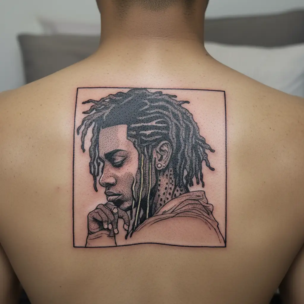 emo,depression,anxiety,darkness,introvert,lonely,suicidal,sad,dark skinned male,dyed short dreads fully hiding face tattoo design idea