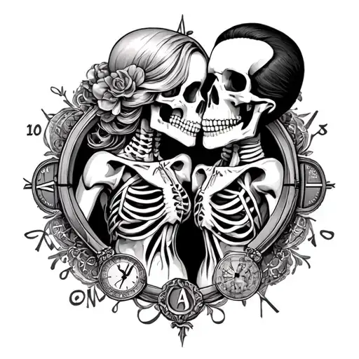 "Endless Love" wife and husband skeletons gangsters surrounded by clock faces tattoo design idea