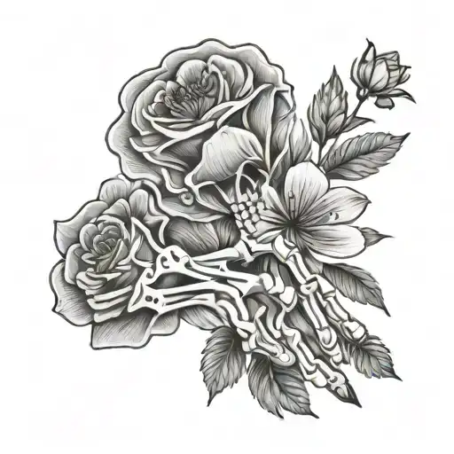 skeleton hand holding flowers tattoo design idea