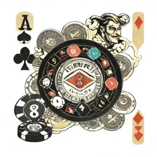 poker and 8 ball pool, mixture showing 25/9/1989, $25 chip, american 9 ball, Ace 9 8 9 different suits, with background tattoo design idea